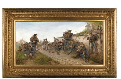 Großformatiges Ölgemälde, Darstellung der Rast einer k. u. k. Infanterieeinheit, - Armi d'epoca, uniformi e militaria