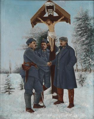 Ölbild darstellend 3 'Deutschmeister-Feldwebel' vor einem Kruzifix in Winterlandschaft, - Historische Waffen, Uniformen & Militaria