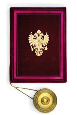 Adelsbrief in kirschroter Samtmappe und Blechkassette mit dem Monogramm "EK", - Armi d'epoca, uniformi e militaria