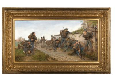 Großformatiges Ölgemälde, Darstellung der Rast einer k. u. k. Infanterieeinheit, - Antique Arms, Uniforms & Militaria