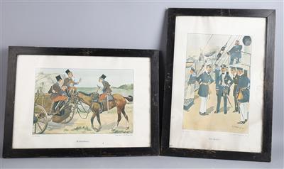 6 gerahmte Drucke aus der Mappe des Künstlers Fritz Schönpflug (1873-1951) 'Krieg im Frieden', - Armi d'epoca, uniformi e militaria