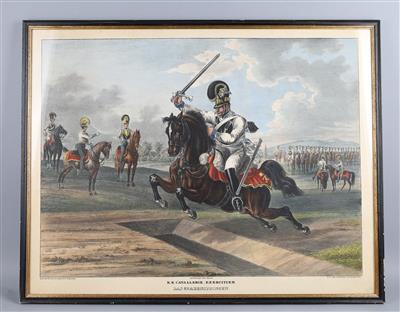 Konvolut von 2 gerahmten Farbdrucken der k. k. Armee mit Uniformdarstellungen um 1820, - Starožitné zbraně