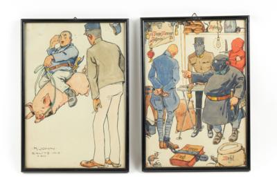 Karl John (Wien 1872-1962 Langenwang) Konvolut von 2 Karikaturen: - Historische Waffen, Uniformen und Militaria
