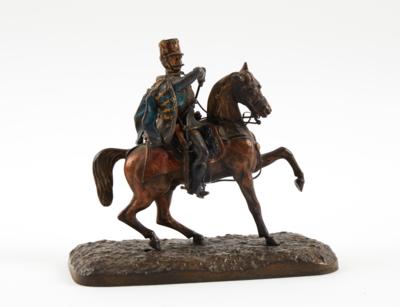 K. k. Armee: kleine bronzene Plastik eines Husarenoffiziers zu Pferd in der Adjustierung um 1850, - Historische Waffen, Uniformen & Militaria