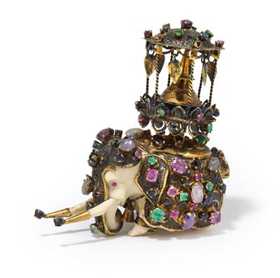 An Indian elephant set with gemstones, - Stříbro