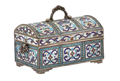 A cloisonné lidded box in the form of a chest, from Russia, - Stříbro