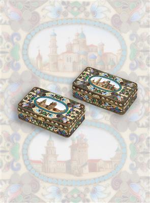Two cloisonné lidded boxes from Russia, - Silver