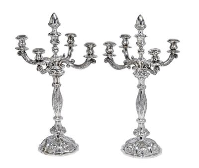 A pair of Late Biedermeier candlesticks from Vienna, with 5-light girandole inserts, - Stříbro