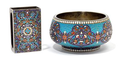 A cloisonné bowl and match container, from Moscow, - Silver