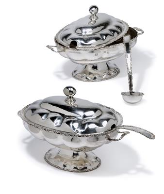 A pair of large lidded tureens from Mexico, with ladle, - Silver