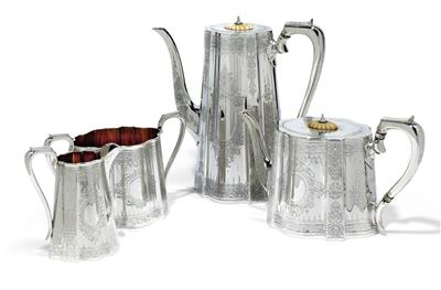 Londoner viktorianische Teeund Kaffeegarnitur, - Silber und Russisches Silber