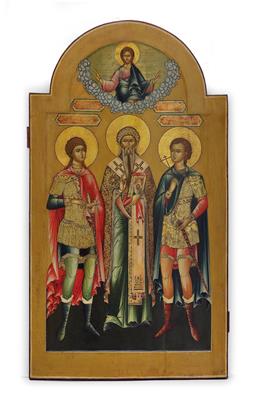 A Russian icon "Three Saints", - Silver