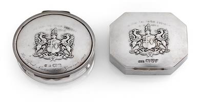 Two lidded boxes from England, - Silver and Russian Silver