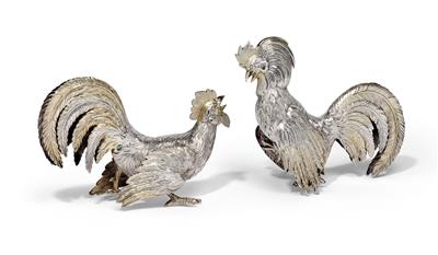 Two fighting cock figures, - Stříbro a Ruské stříbro