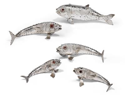 Five fish figures, - Silver and Russian Silver
