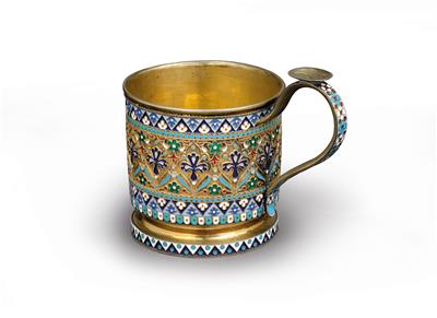 "OWTSCHINNIKOW" - a cloisonné glass holder from Moscow, - Silver and Russian Silver