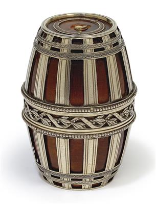 A barrel-shaped musical box from Paris, - Stříbro a Ruské stříbro