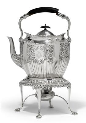 A hot water/teapot with rechaud and burner, from Sheffield, - Silver and Russian Silver