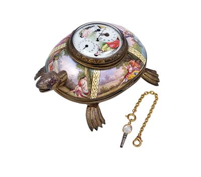 A Covered Box with Clock in the Shape of a Tortoise, - Silver