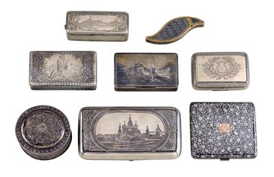 A Collection of Niello Covered Boxes Mostly from Russia, - Silver