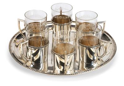 6 Tea-Glass Holders with Tray from Prague, - Stříbro a Ruské stříbro