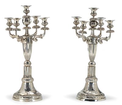 A Pair of Five-Arm Candelabra from Madrid, - Silver and Russian Silver