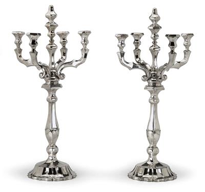 A Pair of Five-Arm Girandole Candlesticks, - Silver and Russian Silver