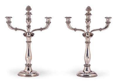 A Pair of Biedermeier Candleholders with Three-Light Girandole Inserts, from Vienna, - Stříbro a Ruské stříbro