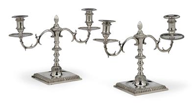 A Pair of Two-Light Candleholders, - Silver and Russian Silver