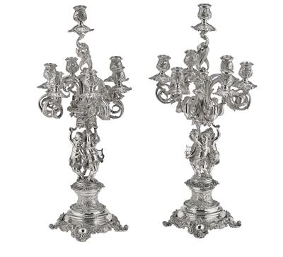 A Pair of Seven-Light Candelabra from Germany, - Stříbro a Ruské stříbro