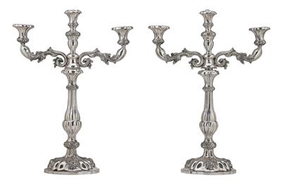 A Pair of Late Biedermeier Candleholders with Three-Light Girandole Inserts, from Vienna, - Stříbro a Ruské stříbro