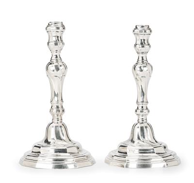 A Pair of candleholders from Brussels, - Silver and Russian Silver