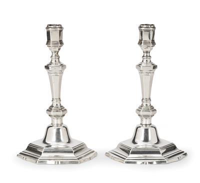 A Pair of Candleholders from France, - Silver and Russian Silver