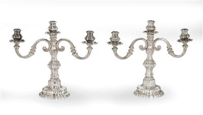 A Pair of Three-Light Candleholders from Italy, - Silver and Russian Silver