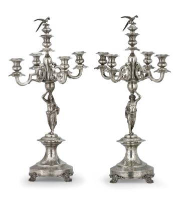 A Pair of Candelabra with Five-Arm Girandole Inserts from Vienna, - Stříbro