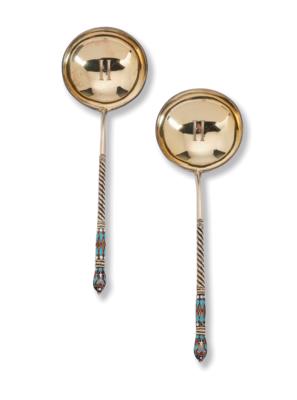2 Cloisonné Spoons from Moscow, - Silver
