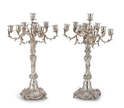 A Pair of Saint Petersburg Nine-Light Candelabra by Sasikov, - Stříbro