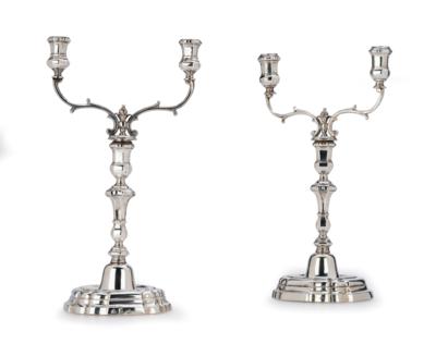 A Pair of Spanish Candleholders with Two-Light Inserts, - Stříbro