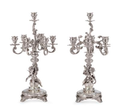 A Pair of Viennese Seven-Light Candelabra and Centrepiece, - Stříbro