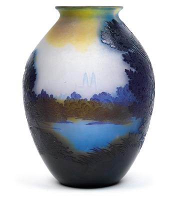 A vase decorated with a lakeside landscape and the church of St. Nicolas de Port in Nancy in the background, - Jugendstil and 20th Century Arts and Crafts