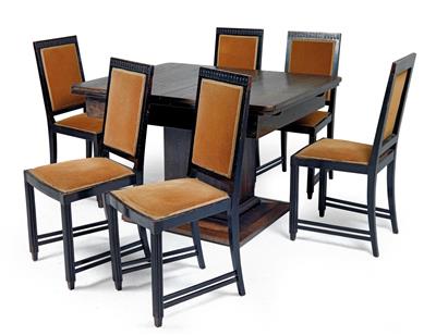 An extensible dinner table with six chairs, - Jugendstil and 20th Century Arts and Crafts