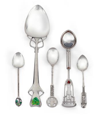 Five different decorative spoons, - Secese a umění 20. století
