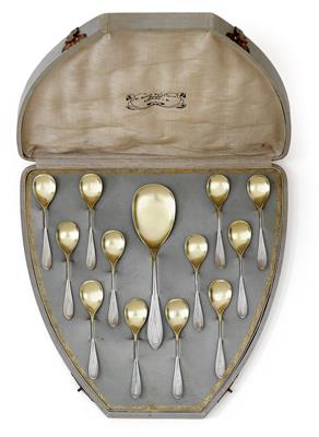 Hans Christiansen (Flensburg 1866-1945 Wiesbaden), A set of 12 cream spoons with serving part in original case, - Jugendstil and 20th Century Arts and Crafts