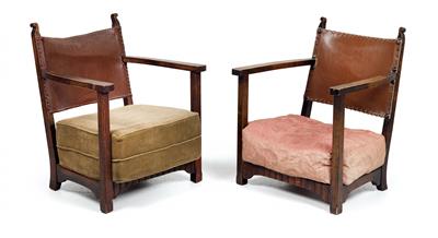 Two armchairs, designed by Adolf Loos in cooperation with Heinrich Kulka, Gärtnerhaus Khuner, Kreuzberg near Payerbach, Lower Austria, 1929/30, - Jugendstil and 20th Century Arts and Crafts