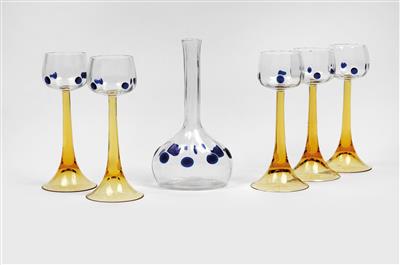 Five wine glasses, Kunstgewerbeschule Vienna, before 1905, Bohemian manufactory, commissioned by E. Bakalowits & Söhne, Vienna, before 1905 and a carafe, Kolo Moser School, E. Bakalowits & Söhne, Vienna c.1900 - Secese a umění 20. století