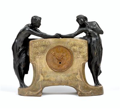 “Simon” (a pseudonym used by Goldscheider), a clock with two figures: an amorous couple touching hands, designed in c. 1901/02, executed by Wiener Manufaktur Friedrich Goldscheider, by c. 1920 - Jugendstil and 20th Century Arts and Crafts