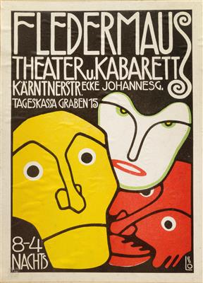Bertold Löffler, poster for the Fledermaus Cabaret with three masks - Jugendstil e arte applicata del XX secolo