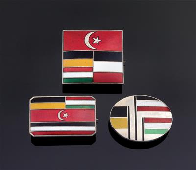 Three brooches with war flags, Johann Souval for the Wiener Werkstätte, c. 1914 - Jugendstil and 20th Century Arts and Crafts