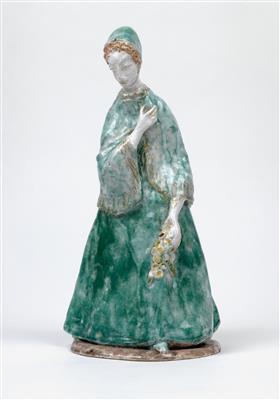 Fini Platzer (Innsbruck 1913-1990 Thaur), a large female figure in a long dress, with a cape and bonnet, holding a flower. - Jugendstil and 20th Century Arts and Crafts