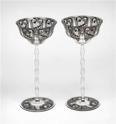 Karl Massanetz (Steinschönau 1890-1918 Lämmerle), a pair of Rhine wine glasses, Werkstatt Karl Massanetz, Steinschönau, for J. & L. Lobmeyr, Vienna, 1914 - Jugendstil e arte applicata del XX secolo